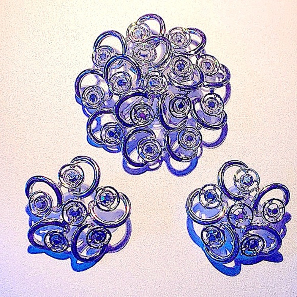 SARAH COVENTRY SILVER CRYSTAL BROOCH & EARRING DEMI PARURE 2 PC SET VINTAGE